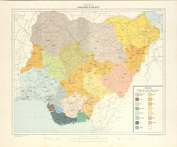Vintage Map of Nigeria, languages & dialects, 1967