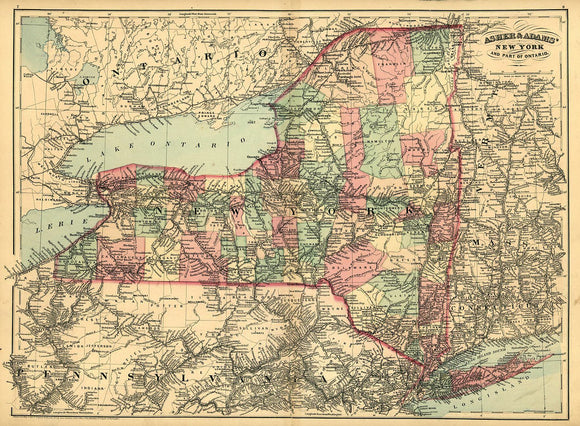 Vintage Map of New York and part of Ontario, 1871