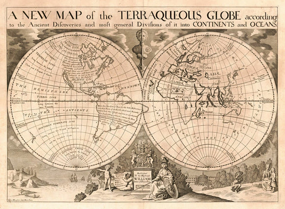 Vintage Map of the World, terraqueous globe according to the ancient discoveries and most general divisions of it into continents and oceans, 1718