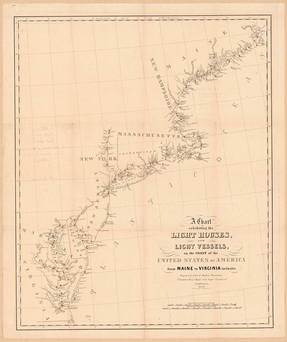 Vintage chart exhibiting the light houses and light vessels on the coast of the United States of America : from Maine to Virginia inclusive, 1848