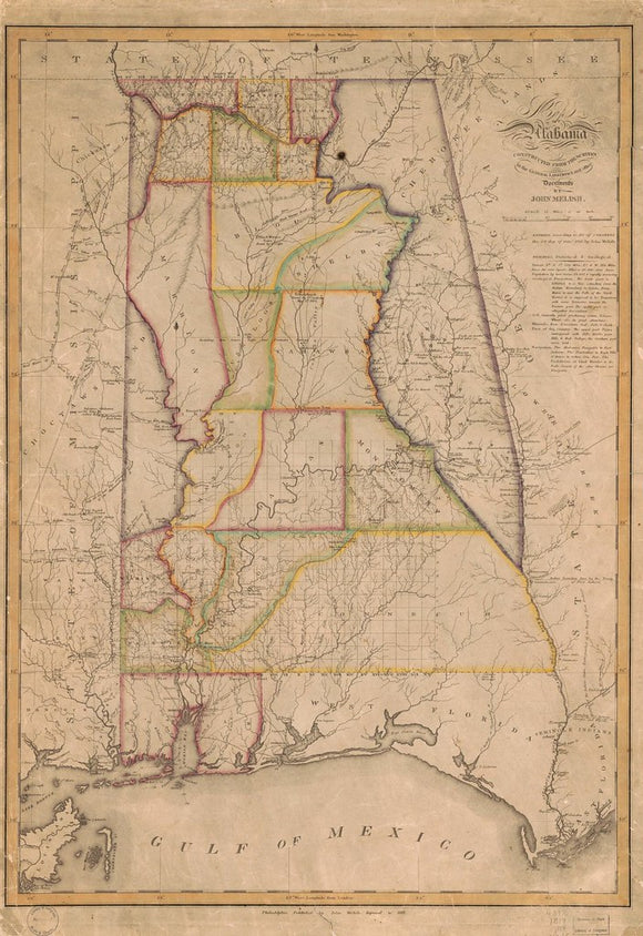 Vintage Map of Alabama constructed from the surveys in the General Land Office and other documents. Improved to 1819, 1819
