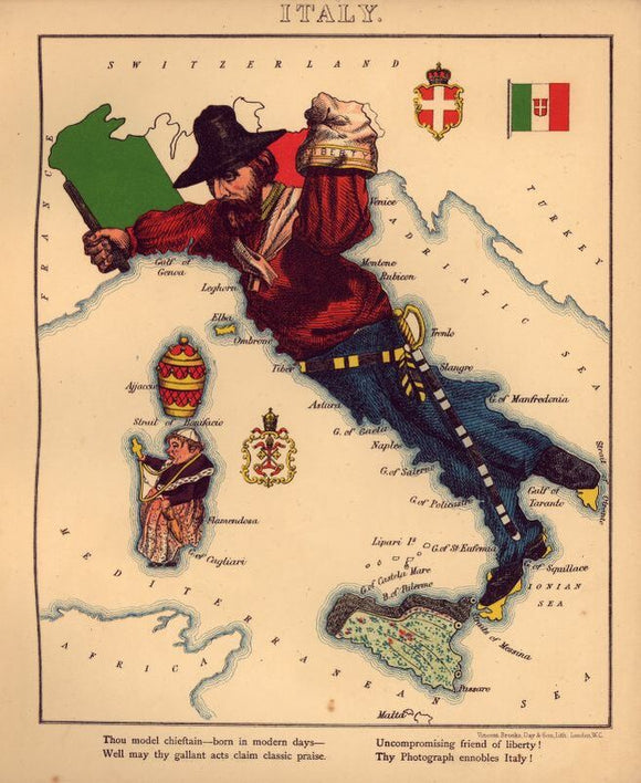 Vintage Map of Italy - Geographical fun : being humourous outlines of various countries, with an introduction and descriptive lines, 1868