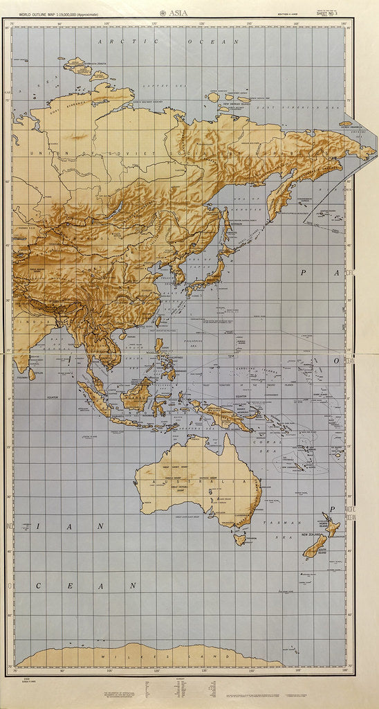 Map of Asia and Australia- World outline map 1:19,000,000 (approximate), 1961 Framed Push Pin Map