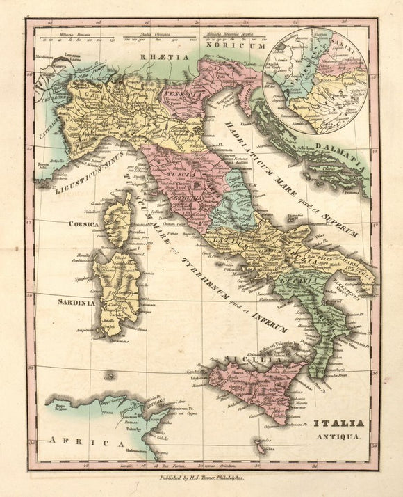 Vintage Map of Italy, Italia antiqua - Ancient Geography - An atlas of ancient geography : comprehended in sixteen maps, selected from the most approved works : to elucidate the writings of the ancient authors, both sacred and profane., 1826