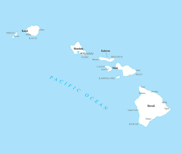 Map of Hawaii HI - County Map with selected Cities and Towns