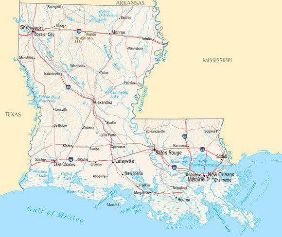 Map of Louisiana LA - Reference Map Framed Dry Erase Map
