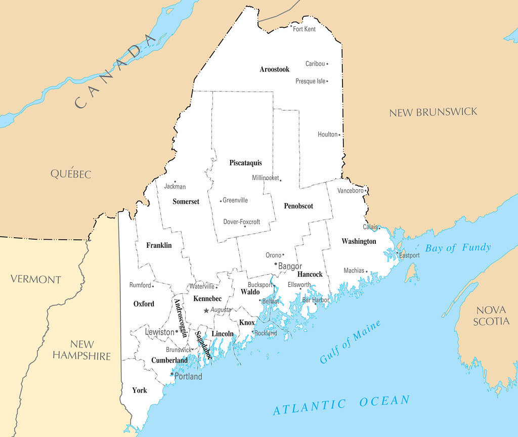 Map of Maine ME - County Map with selected Cities and Towns – wallmapsforsale for Free Printable Map Of Maine