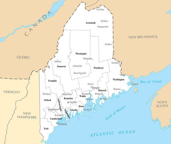 Map of Maine ME - County Map with selected Cities and Towns