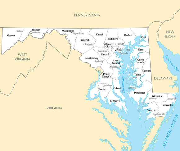 Framed Map of Maryland MD - County Map with selected Cities and Towns ...