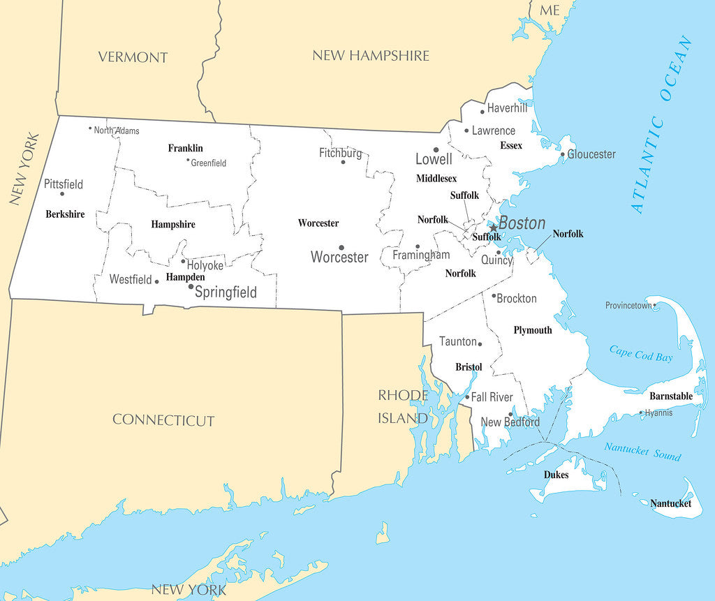 Framed Map of Massachusetts MA - County Map with selected Cities and T ...