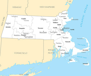 Map of Massachusetts MA - County Map with selected Cities and Towns