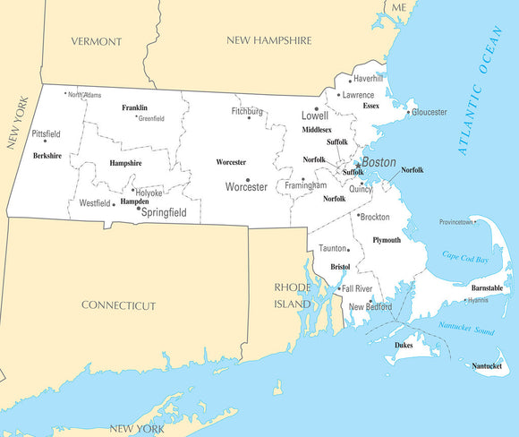 Map of Massachusetts MA - County Map with selected Cities and Towns Framed Dry Erase Map