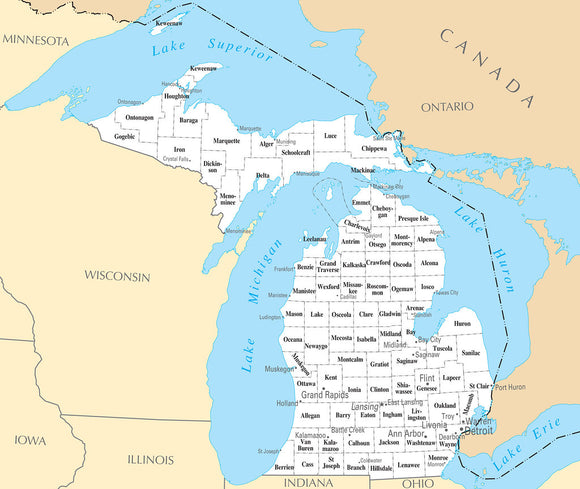 Map of Michigan MI - County Map with selected Cities and Towns