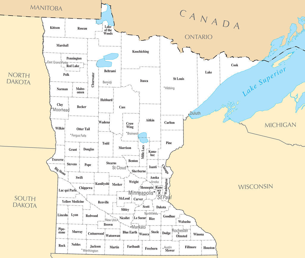 Framed Map of Minnesota MN - County Map with selected Cities and Towns ...