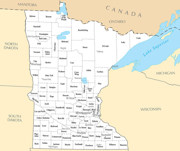 Map of Minnesota MN - County Map with selected Cities and Towns