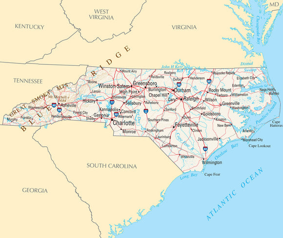 Map of North Carolina NC - Reference Map Framed Dry Erase Map