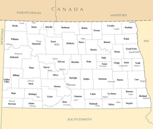 Map of North Dakota ND - County Map with selected Cities and Towns
