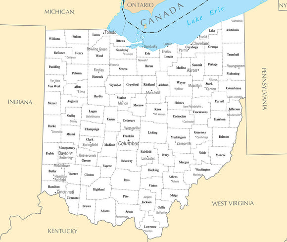 Map of Ohio OH - County Map with selected Cities and Towns