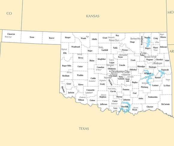 Map of Oklahoma OK - County Map with selected Cities and Towns Framed Push Pin Map