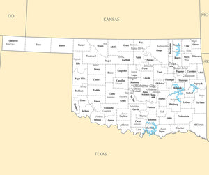 Map of Oklahoma OK - County Map with selected Cities and Towns Framed Dry Erase Map
