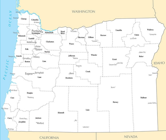 Map of Oregon OR - County Map with selected Cities and Towns