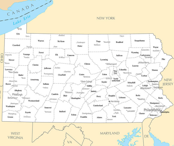 Map of Pennsylvania PA - County Map with selected Cities and Towns