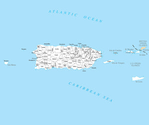 Map of Puerto Rico PR - County Map with selected Cities and Towns