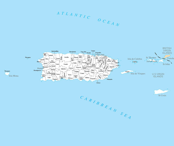 Map of Puerto Rico PR - County Map with selected Cities and Towns