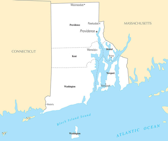 Map of Rhode Island RI - County Map with selected Cities and Towns