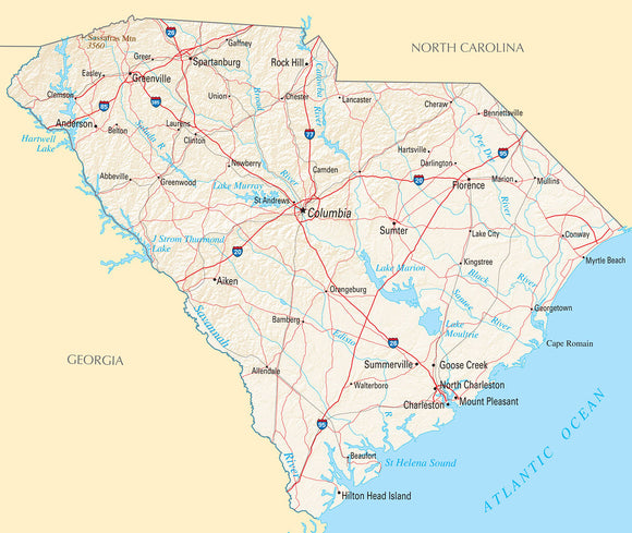 Map of South Carolina SC - Reference Map Framed Dry Erase Map