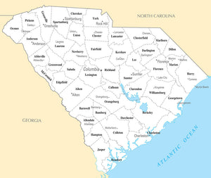 Map of South Carolina SC - County Map with selected Cities and Towns