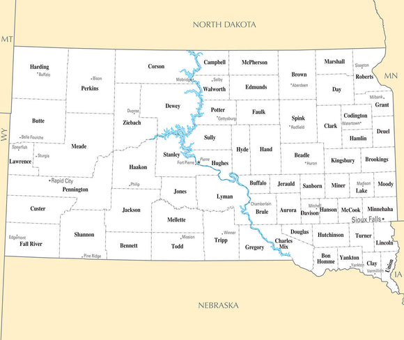 Map of South Dakota SD - County Map with selected Cities and Towns