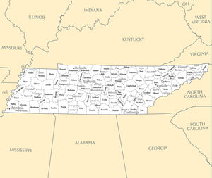 Map of Tennessee TN - County Map with selected Cities and Towns Framed Dry Erase Map