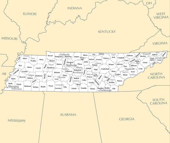 Map of Tennessee TN - County Map with selected Cities and Towns