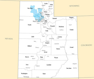 Map of Utah UT - County Map with selected Cities and Towns