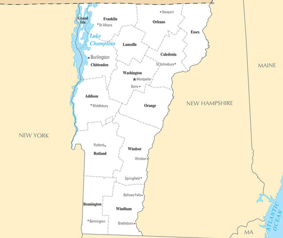 Map of Vermont VT - County Map with selected Cities and Towns