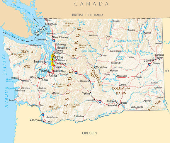 Map of Washington WA - Reference Map Framed Dry Erase Map