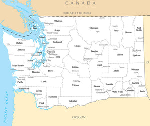 Map of Washington WA - County Map with selected Cities and Towns