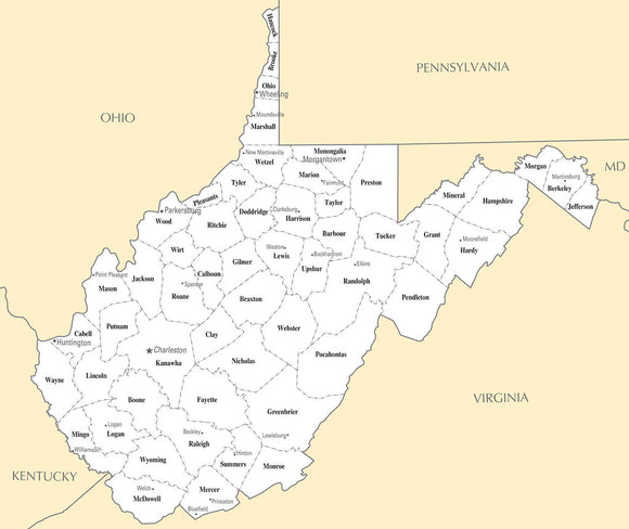 Map of West Virginia WV - County Map with selected Cities and Towns Framed Dry Erase Map