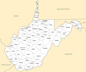 Map of West Virginia WV - County Map with selected Cities and Towns