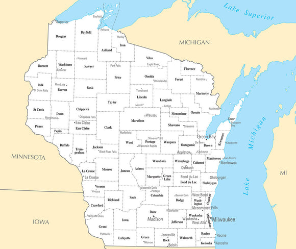 Map of Wisconsin WI - County Map with selected Cities and Towns