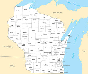 Map of Wisconsin WI - County Map with selected Cities and Towns Framed Dry Erase Map
