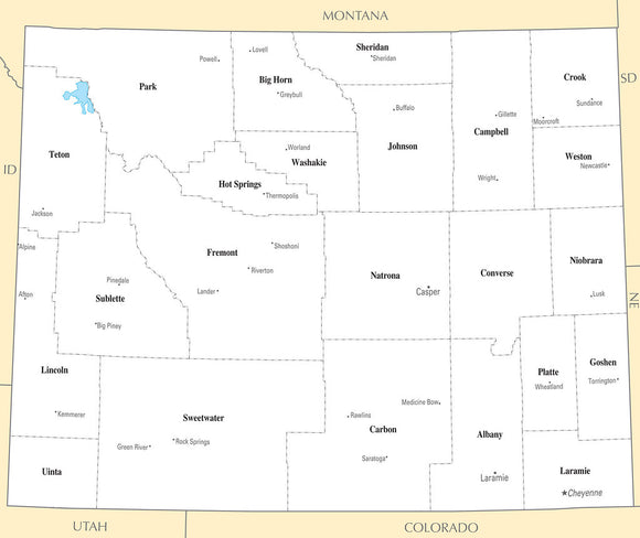 Map of Wyoming WY - County Map with selected Cities and Towns