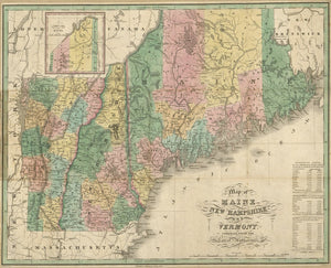 Vintage Map of Maine, New Hampshire and Vermont : compiled from the latest authorities, 1826
