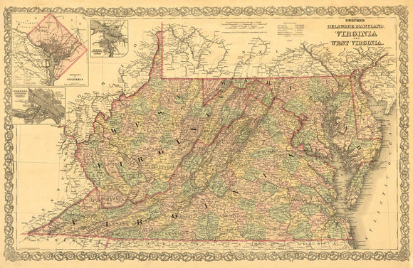 Vintage Map of Delaware, Maryland, Virginia and West Virginia., 1886