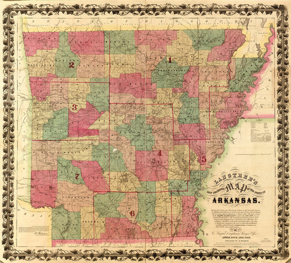Vintage sectional map of the state of Arkansas, 1866