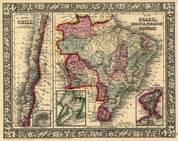 Vintage Map of Brazil, Bolivia, Paraguay, Uruguay, Chile, 1871