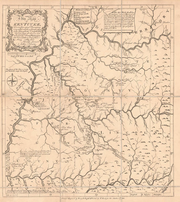 Vintage Map of Kentucky, drawn from actual observations is inscribed with the most perfect respect to the honorable the Congress of the United States of America, and to his excellcy. George Washington, late commander in chief of their army, 1884
