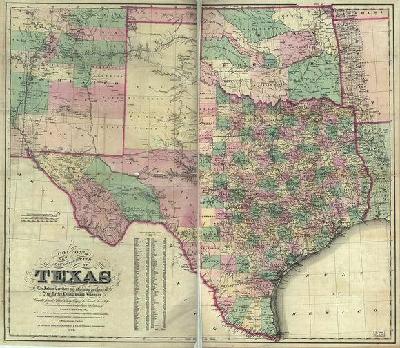 Vintage Map of Texas : the Indian Territory and adjoining portions of New Mexico, Louisiana, and Arkansas, 1872