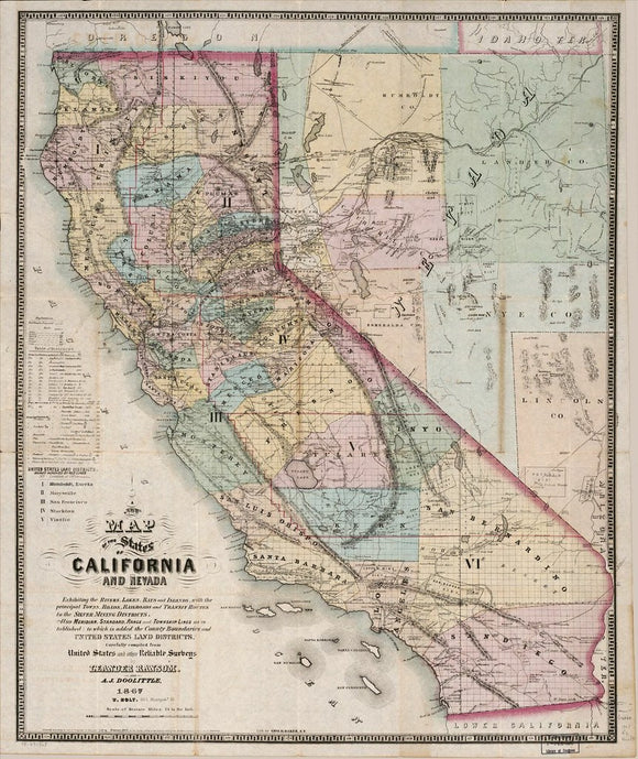 Vintage Map of California and Nevada, 1867